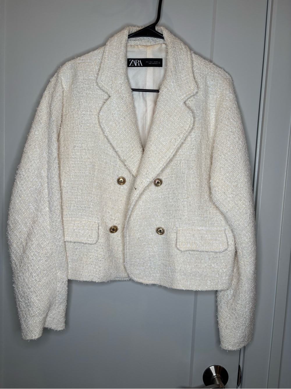 Zara Cream Bouclé Double-Breasted Blazer with Gold Buttons